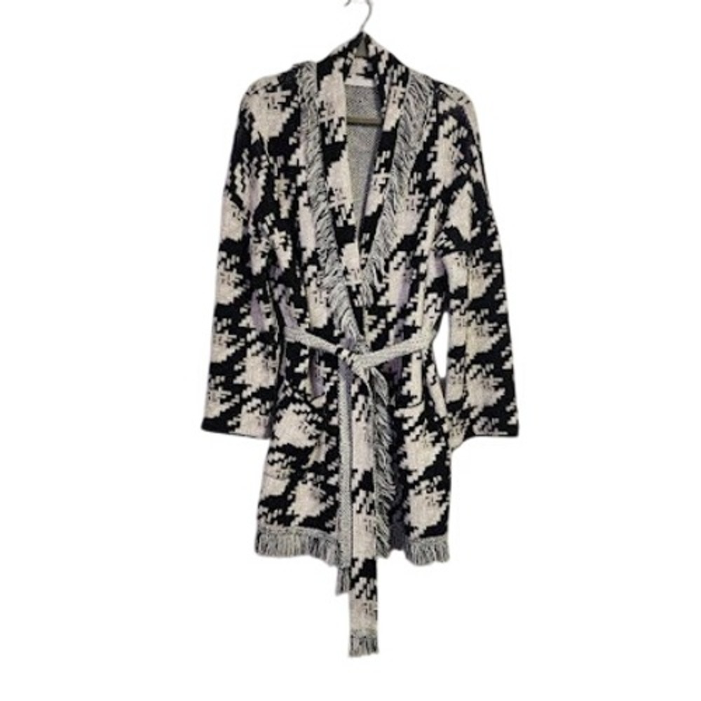 ONE GREY DAY Houndstooth Fringe Cardigan Sweater Cabincore Wool Cashmere M/L